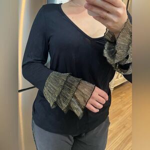By Anthropologie long sleeve Black Shirt with Ruffle sheer sleeve decor Size M